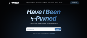 Screenshot of the Have I Been Pwned homepage, showing an email address input field and a Check button