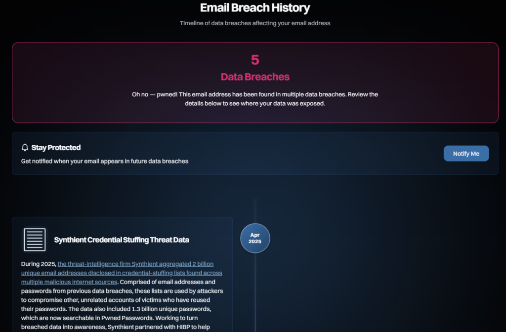 Screenshot of a Have I Been Pwned results page listing 5 data breaches linked to an email address, with details about each breach shown below